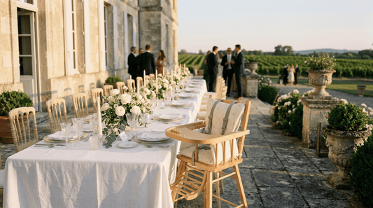 Chaise haute en bois pour bébé lors d'un mariage en Gironde
