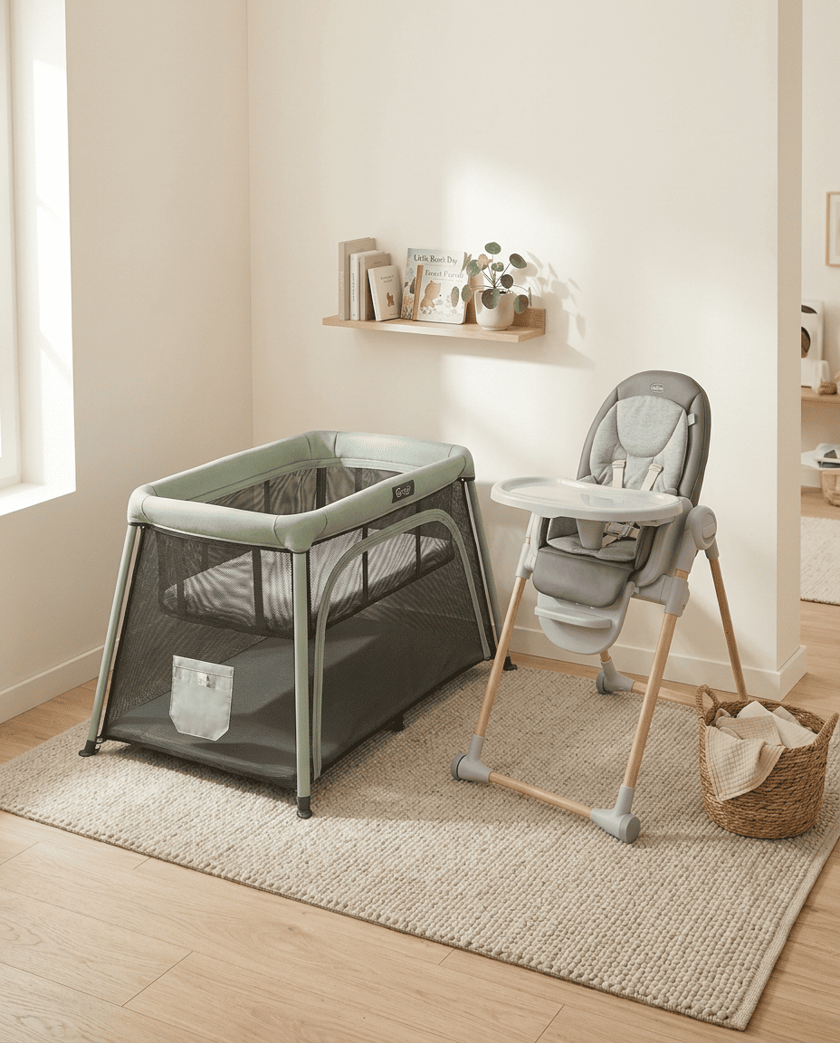 Pack Essentiel Bébé Nomad - Lit bébé et chaise haute installés dans un Airbnb à La Palmyre