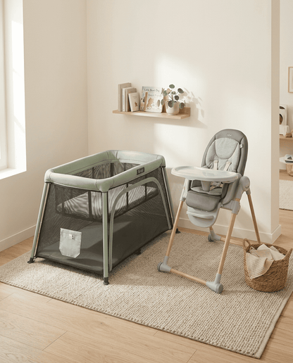 Pack Essentiel Bébé Nomad - Lit bébé et chaise haute installés dans un Airbnb à La Palmyre