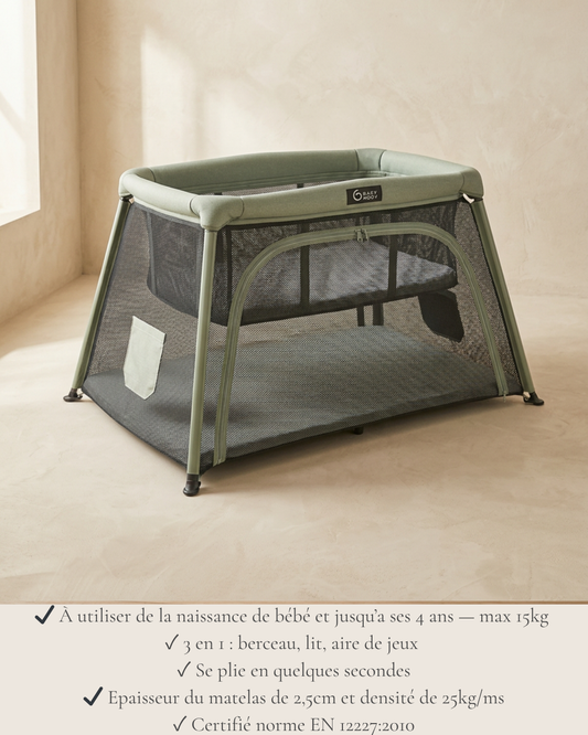 Pack Confort Bébé Nomad - Lit bébé et chaise haute installés dans un Airbnb à Andernos